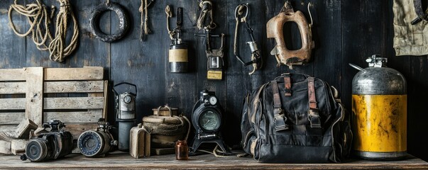 Vintage industrial equipment and diving gear collection on wooden table