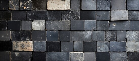 Textured black stone wall with varied shapes and sizes, perfect for background use