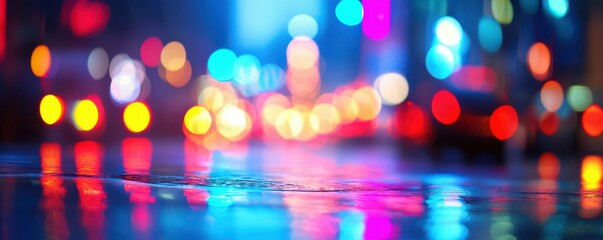 Fototapeta premium Vibrant urban night scene with colorful bokeh city lights reflected on wet street