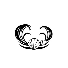 Stylized black and white image of a wave, shell, and two small shells, set on white background.