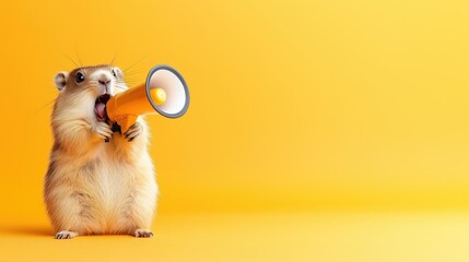 Groundhog screaming into megaphone symbolizes fun around Groundhog Day. Isolated on the solid bright yellow background for promotions and advertisement. Copy space.