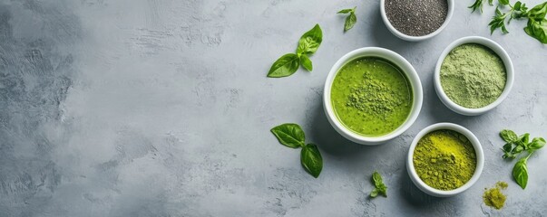 Obraz premium Fresh basil pesto with powdered herbs and seeds on gray background