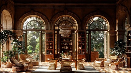 Obraz premium Elegant living room with large windows, lush greenery outside, and stylish furniture