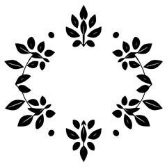 Black and white illustration of a circular floral ornament using leaves and dots.