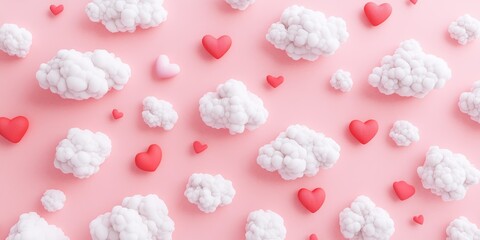 White fluffy clouds and vibrant red hearts floating in harmony on a light pink backdrop, creating a romantic and playful visual for Valentine's Day