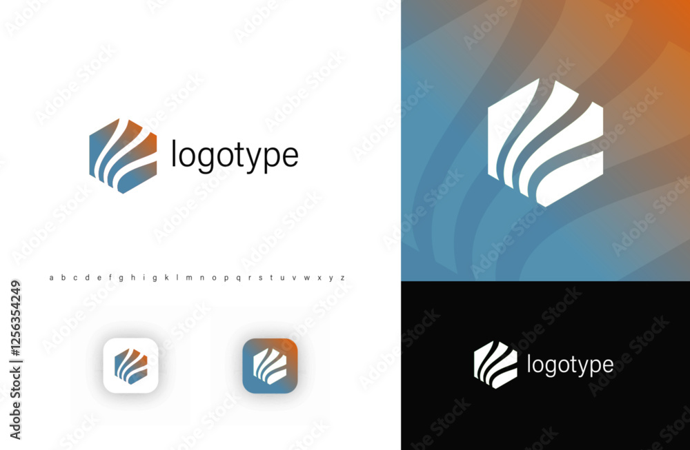 Poster abstract hexagonal logo with flowing wave lines, symbolizing innovation, motion, and modernity. idea