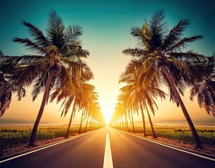Smoothly moving infinite road with palm trees on both sides with a sunset sky in a bottom
