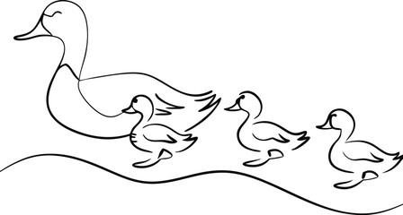 Mother Duck and Ducklings Swimming in a Pond Illustration