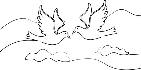 Two Doves Soaring Through Clouds, Peaceful Sky, Love, Freedom, Flight