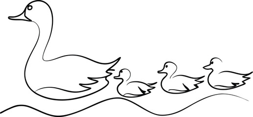 Mother Duck Leading Ducklings Swimming in Water