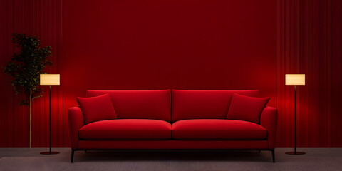 Monochromatic red room: a red couch sits against a red wall, flanked by lamps and a plant. A study in contrasts and texture in a modern space.
