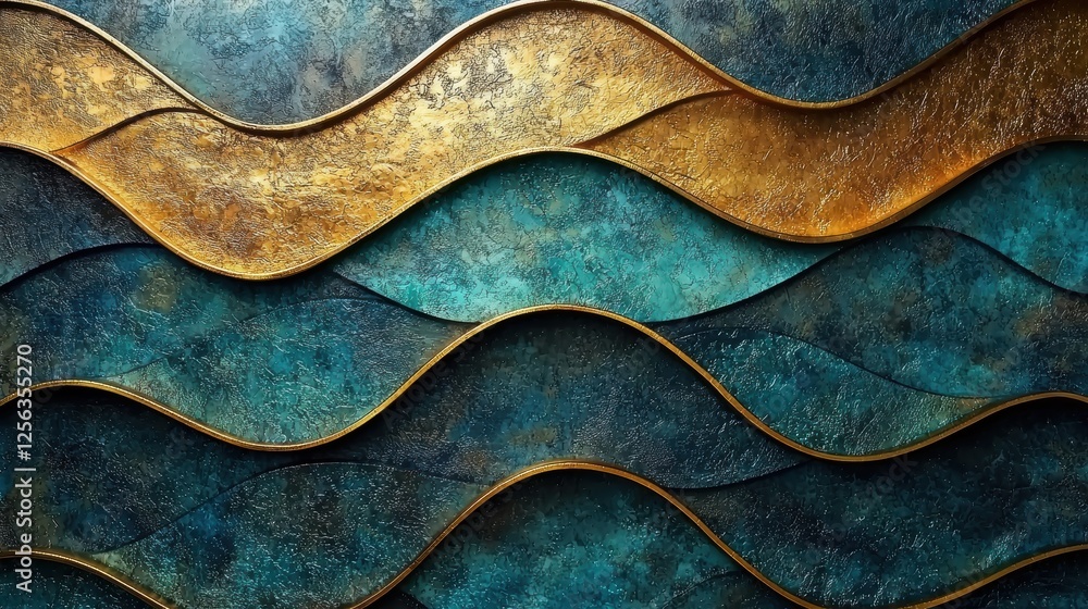 Poster abstract wavy design with metallic textures in teal and gold hues.