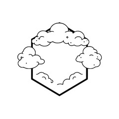 Hexagonal Outline with Cloud Accents: Minimalist clouds set in a graphic and clean black and white outline.