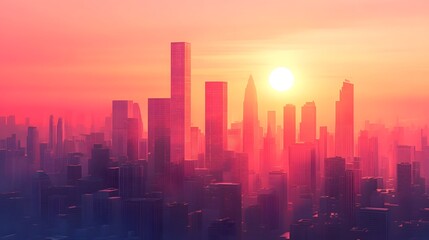 Fototapeta premium Majestic Cityscape at Vibrant Sunset Over Towering Skyscrapers and Downtown Skyline