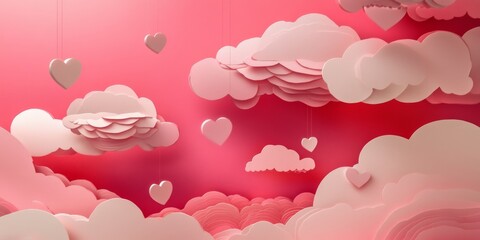 Romantic pink and white layered clouds with hanging heart accents in a serene paper-cut design