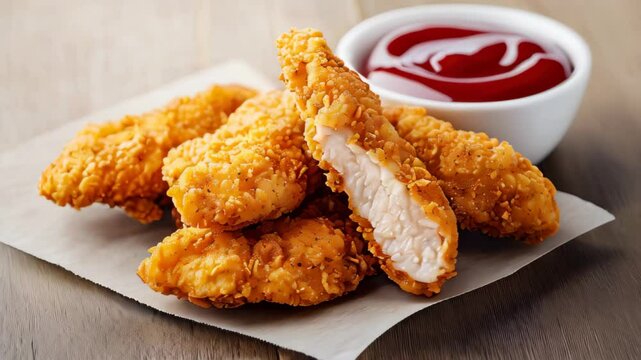 Collection of Footage "Delicious crispy fried breaded chicken breast strips served with ketchup"