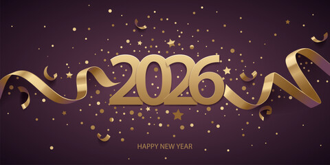 Happy New Year 2026. Golden numbers with ribbons and confetti on a dark purple background.