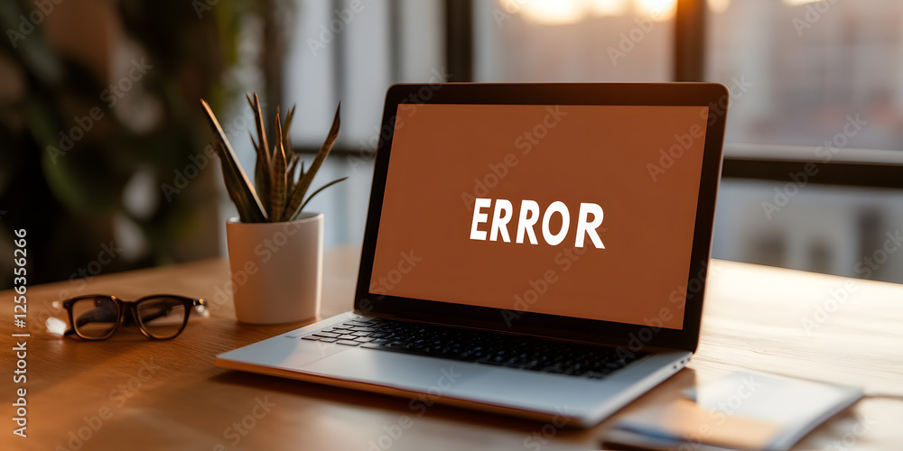 Poster computer displaying an error message. home office setting. plant, book, and eyeglasses are on a desk