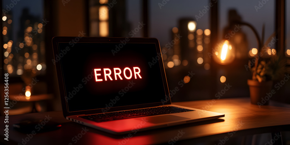 Poster a computer screen displays a large, glowing error message. the laptop sits on a desk, with an out-of