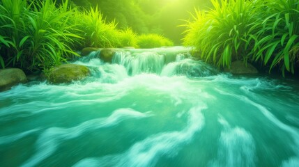 Serene Stream with Lush Greenery and Gentle Flowing Water
