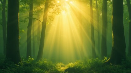 Sunlight Streaming Through Trees in Serene Forest Landscape