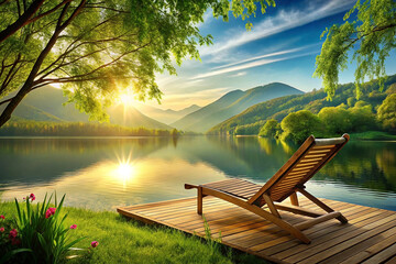 Sunrise lakefront chair tranquility scenic mountain view