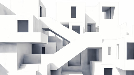 Surreal minimalist white architectural abstract illustration of endless staircases in modern design. Endless Staircases. Illustration