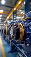 Fototapeta premium A detailed view of a powerful industrial engine showcasing advanced engineering principles within a well-lit, expansive manufacturing plant, emphasizing innovation.