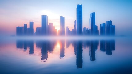 Fototapeta premium Stunning Skyline Reflected in Tranquil Waters at Dusk with Majestic Skyscrapers