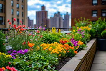 Fototapeta premium A flower bed on the roof of a building with a city skyline in the background