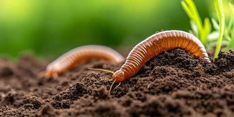 Millipedes exploring soil, brown invertebrates with segmented bodies foraging in rich earth. Nature's decomposers in action.
