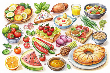 Watercolor healthy food collage fruit, vegetables, bread, and juice on white background for recipe book