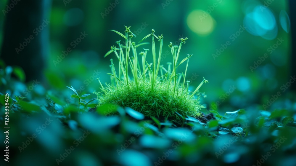 Poster lush green moss with delicate sprouts in a serene forest setting