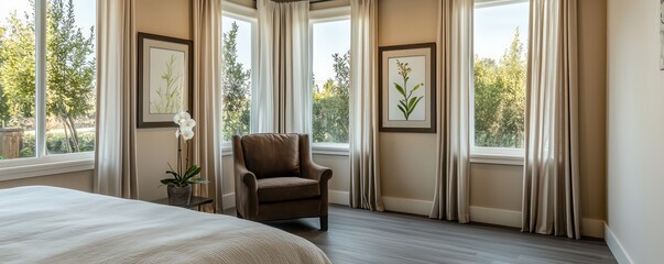 Fototapeta premium A tranquil bedroom with expansive windows, neutral beige walls, and opal curtains