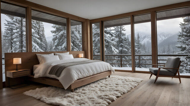 Bedroom set in snowy mountains, featuring floor-to-ceiling windows with breathtaking views of frosted trees and peaks. The design is cozy and minimalist, with natural wood floors, walls