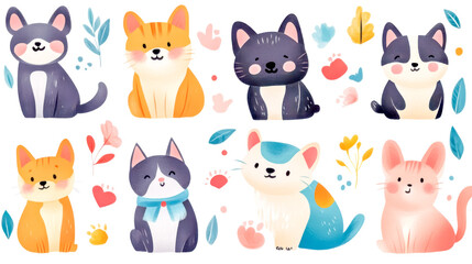 Adorable pets sticker set with playful puppies and kittens