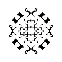 Black and white abstract symmetrical puzzle arrangement on white background.