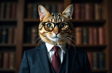 A stylish business cat wearing glasses and an office suit, captured in a close-up shot. The cat sits confidently in an office, with blurred bookshelves in the background, exuding professionalism and c