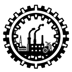 Industry icon within gear, a factory surrounded by a cogwheel, black and white.