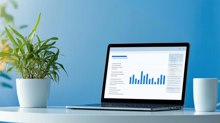 Laptop displaying analytical data with green plant and cup on table in bright workspace