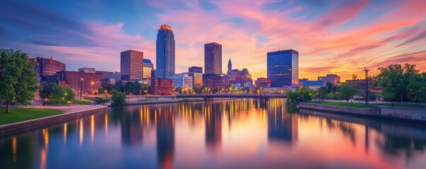 Fototapeta premium Vibrant sunset skyline over downtown cityscape with reflective river