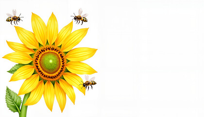Naklejka premium Vibrant sunflower surrounded by bees, nature's beauty