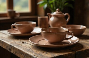 rustic ceramic tea set on wooden table by window. cozy cottage atmosphere with natural light. interior design, kitchen decor, or tea ceremony