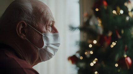 An elderly man wearing a face mask is looking out of the window next to a decorated christmas tree, possibly during the COVID-19 pandemic.