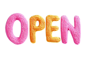 Colourful wool letters "OPEN" on a transparent or white background