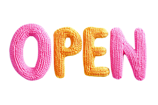 Colourful wool letters "OPEN" on a transparent or white background