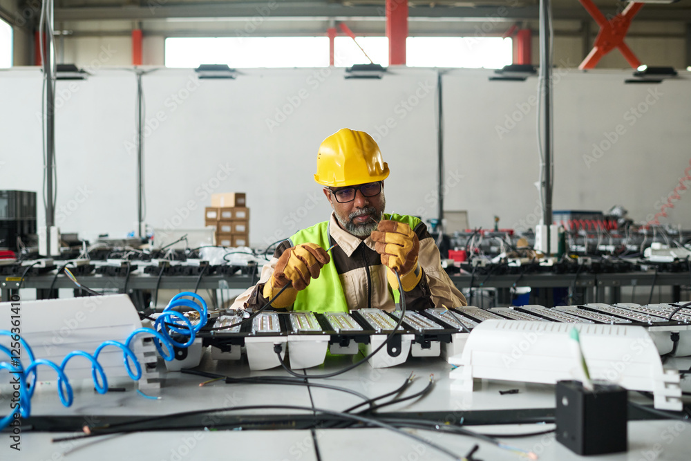 Aufkleber Experienced engineer of modern factory sitting by assembly line and producing electric equipment in workshop