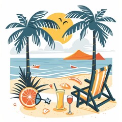 A beach scene with a chair, a glass of orange juice, and a wine glass