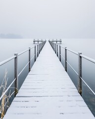 Fototapeta premium Snow-Covered Pier Extending Into Misty Lake Under Overcast Sky