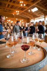 Obraz premium Vintners tasting fresh wine, wine glasses on the barrel